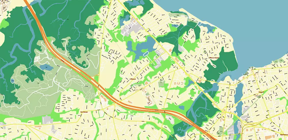 Long Branch Area New Jersey US PDF Vector Map: City Plan High Detailed Street Map editable Adobe PDF in layers