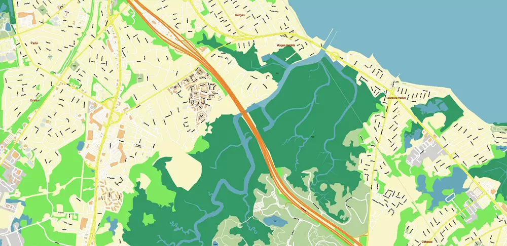 Long Branch Area New Jersey US PDF Vector Map: City Plan High Detailed Street Map editable Adobe PDF in layers
