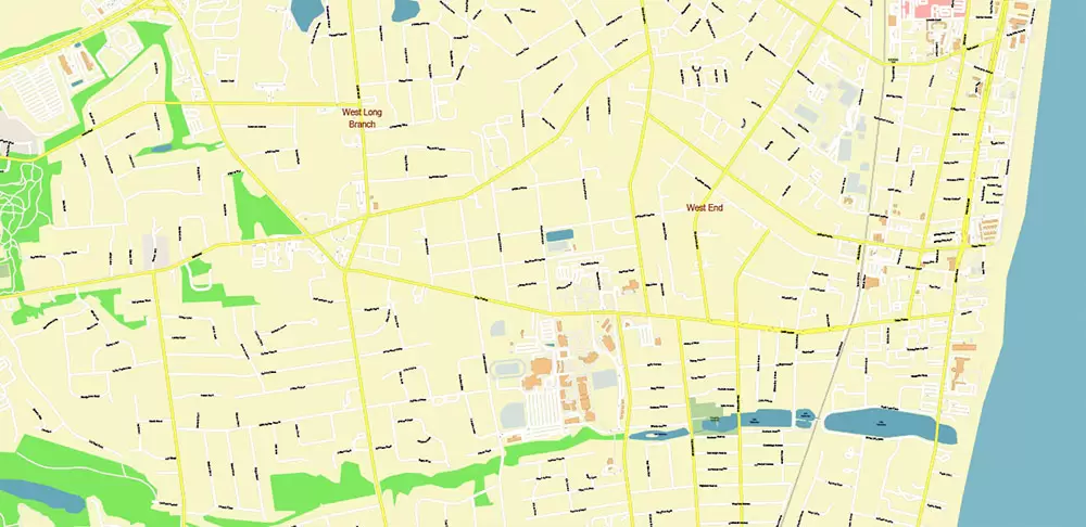 Long Branch Area New Jersey US PDF Vector Map: City Plan High Detailed Street Map editable Adobe PDF in layers