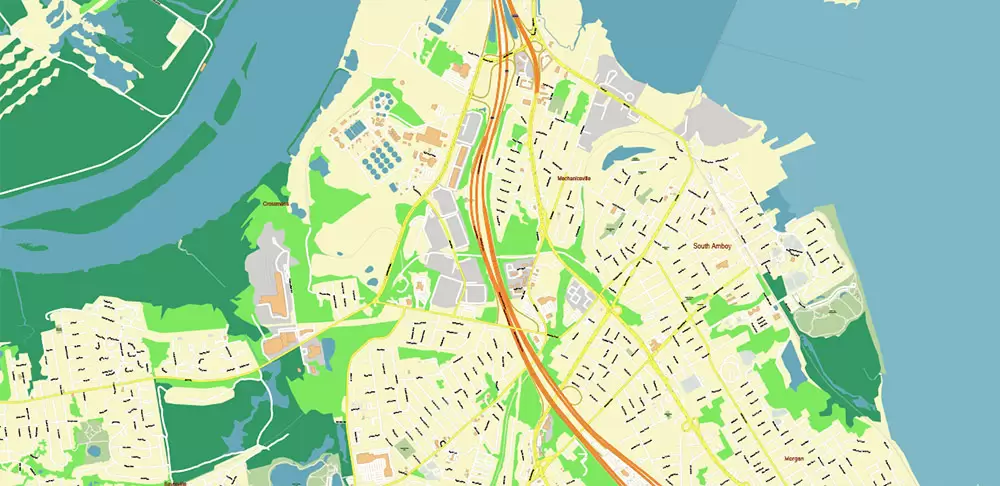Long Branch Area New Jersey US PDF Vector Map: City Plan High Detailed Street Map editable Adobe PDF in layers