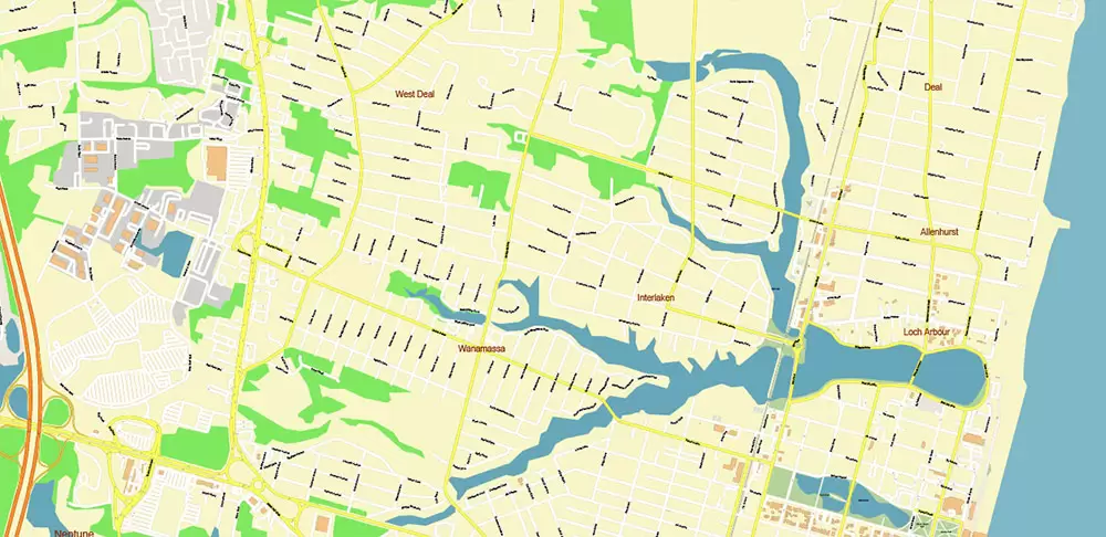 Long Branch Area New Jersey US PDF Vector Map: City Plan High Detailed Street Map editable Adobe PDF in layers