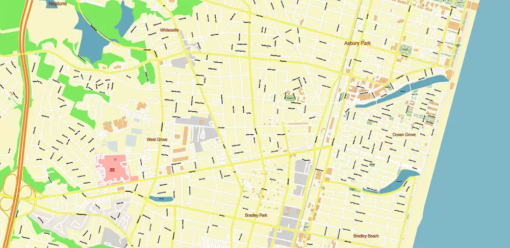 Long Branch Area New Jersey US PDF Vector Map: City Plan High Detailed Street Map editable Adobe PDF in layers