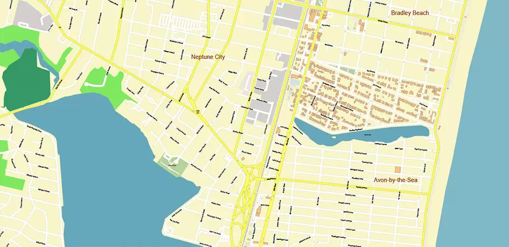 Long Branch Area New Jersey US PDF Vector Map: City Plan High Detailed Street Map editable Adobe PDF in layers