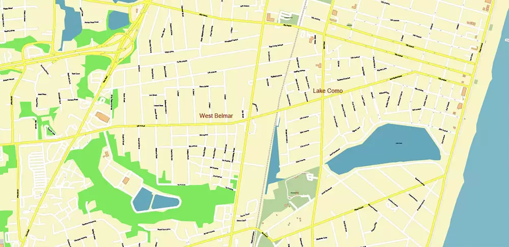 Long Branch Area New Jersey US PDF Vector Map: City Plan High Detailed Street Map editable Adobe PDF in layers