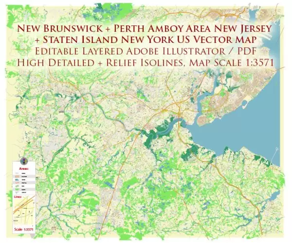 New Brunswick Perth Amboy NJ Staten Island NY US Map Vector City Plan High Detailed Street Map editable Adobe Illustrator in layers
