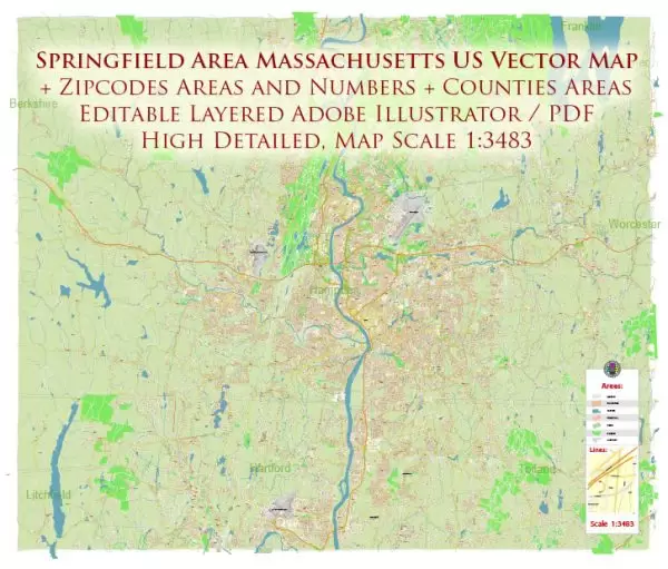 Springfield Area Massachusetts US Map Vector City Plan + Zipcodes High Detailed Street Map editable Adobe Illustrator in layers