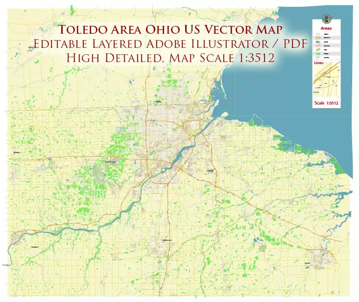 Toledo Ohio US Area Map Vector City Plan High Detailed Street Map editable Adobe Illustrator in layers