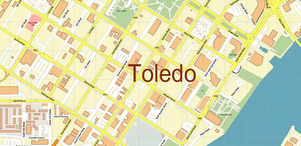 Toledo Ohio US Area Map Vector City Plan High Detailed Street Map editable Adobe Illustrator in layers