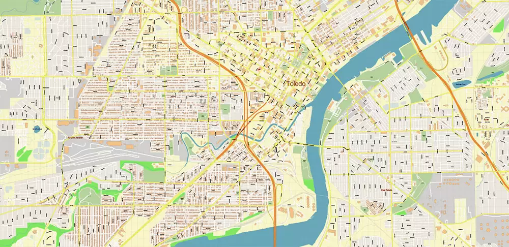 Toledo Ohio US Area Map Vector City Plan High Detailed Street Map editable Adobe Illustrator in layers