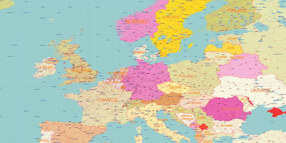 World Geo Lat-Long Projection Political PDF Vector Map High detailed fully editable, Adobe PDF in Layers
