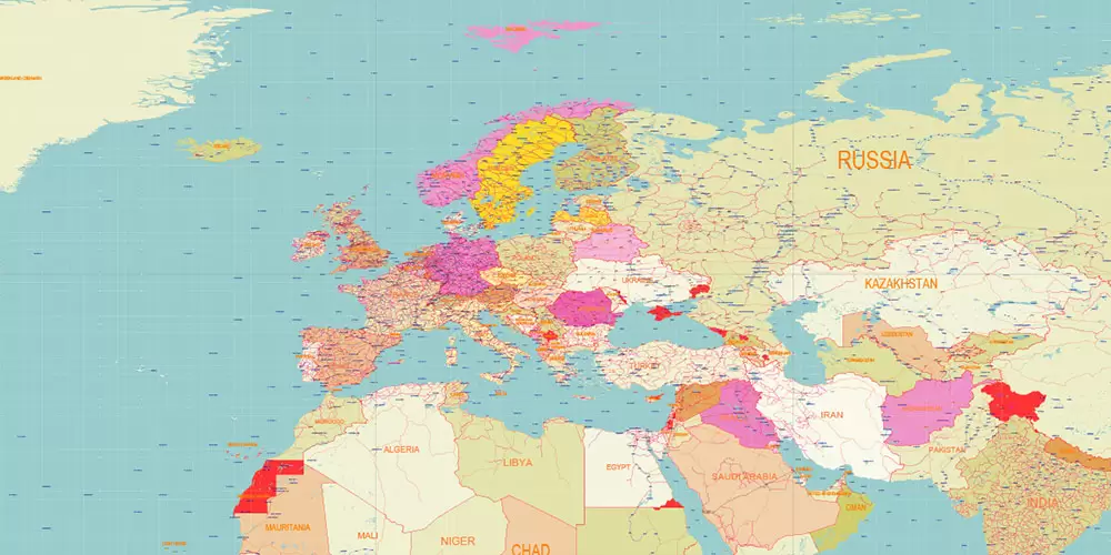 World Geo Lat-Long Projection Political PDF Vector Map High detailed fully editable, Adobe PDF in Layers