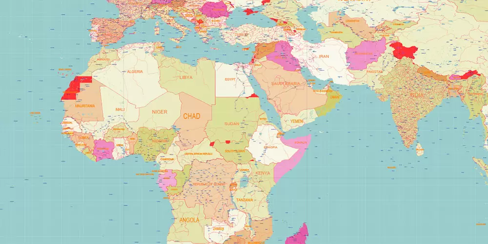 World Geo Lat-Long Projection Political PDF Vector Map High detailed fully editable, Adobe PDF in Layers