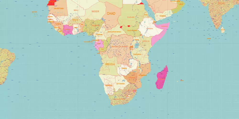 World Geo Lat-Long Projection Political PDF Vector Map High detailed fully editable, Adobe PDF in Layers