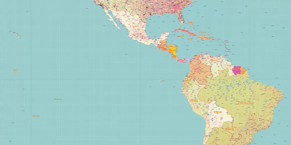 World Geo Lat-Long Projection Political PDF Vector Map High detailed fully editable, Adobe PDF in Layers