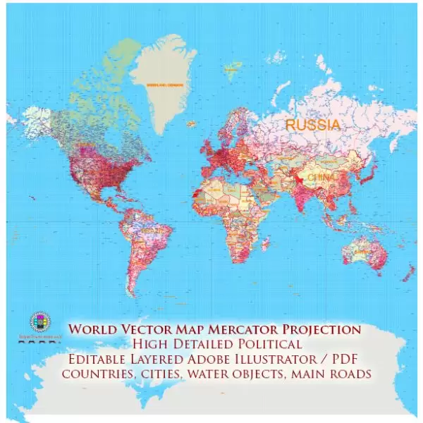 World Mercator Projection Political Vector Map High detailed fully editable, Adobe Illustrator
