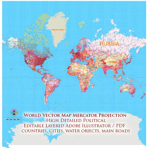 World Mercator Projection Political Vector Map High detailed fully editable, Adobe Illustrator