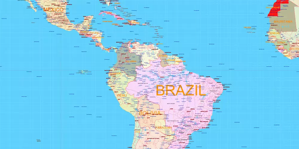 World Mercator Projection Political Vector Map High detailed fully editable, Adobe Illustrator