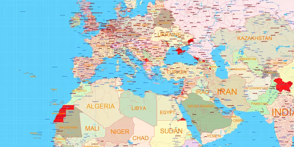 World Mercator Projection Political Vector Map High detailed fully editable, Adobe Illustrator