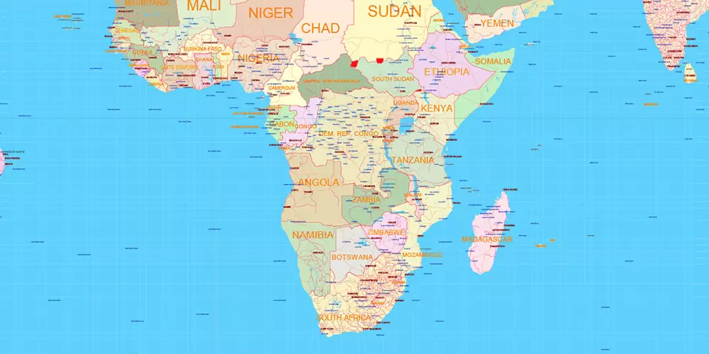 World Mercator Projection Political Vector Map High detailed fully editable, Adobe Illustrator