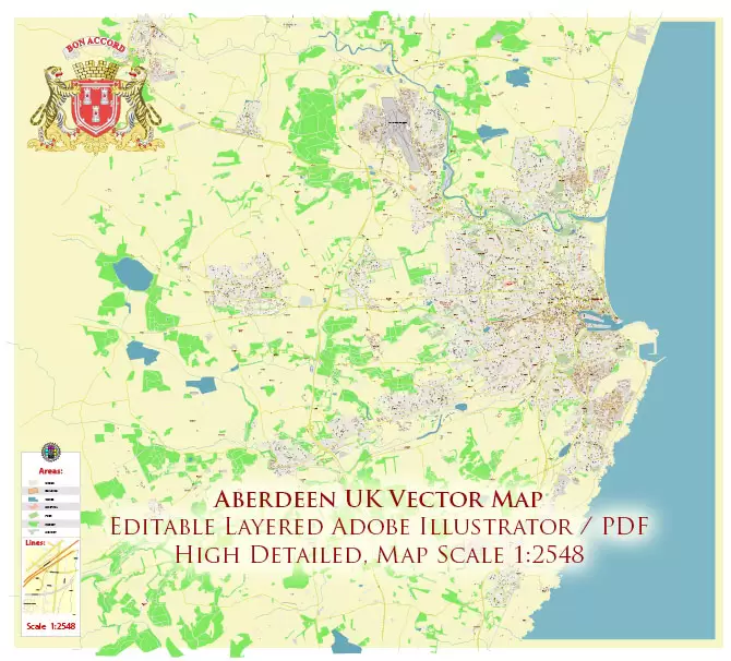 Aberdeen UK PDF Vector Map: City Plan High Detailed Street Map editable Adobe PDF in layers