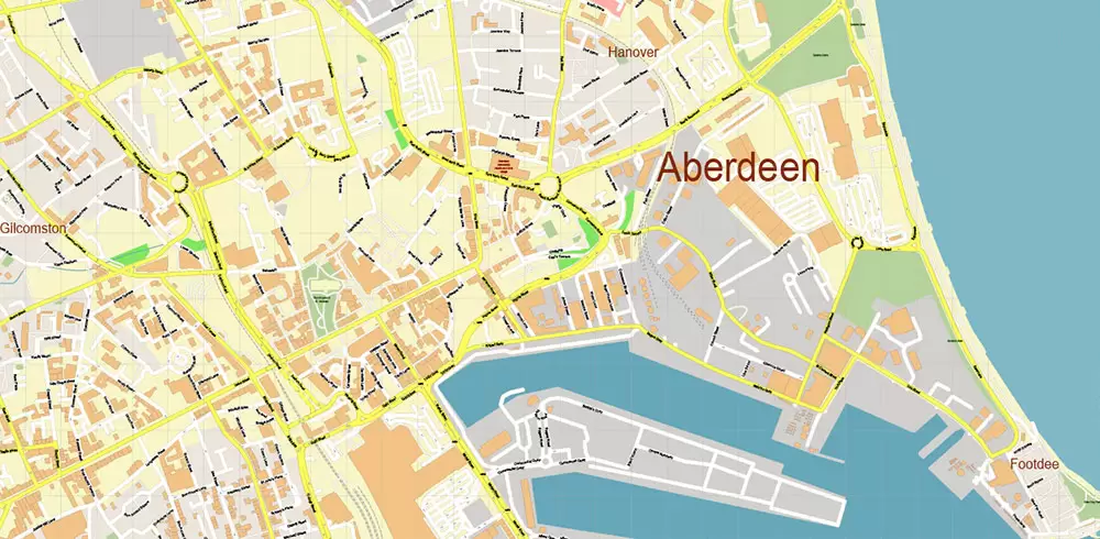 Aberdeen UK PDF Vector Map: City Plan High Detailed Street Map editable Adobe PDF in layers