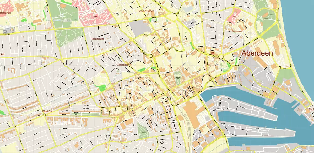 Aberdeen UK PDF Vector Map: City Plan High Detailed Street Map editable Adobe PDF in layers