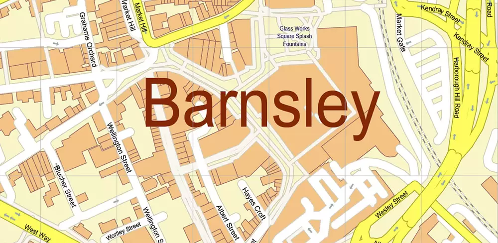 Barnsley UK PDF Vector Map: City Plan High Detailed Street Map editable Adobe PDF in layers