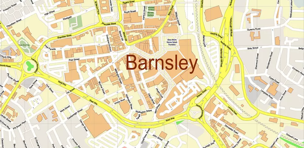 Barnsley UK PDF Vector Map: City Plan High Detailed Street Map editable Adobe PDF in layers
