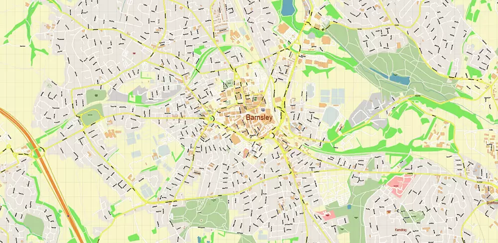 Barnsley UK PDF Vector Map: City Plan High Detailed Street Map editable Adobe PDF in layers