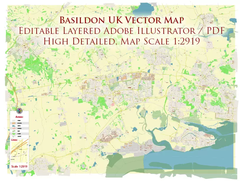 Basildon UK PDF Vector Map: City Plan High Detailed Street Map editable Adobe PDF in layers