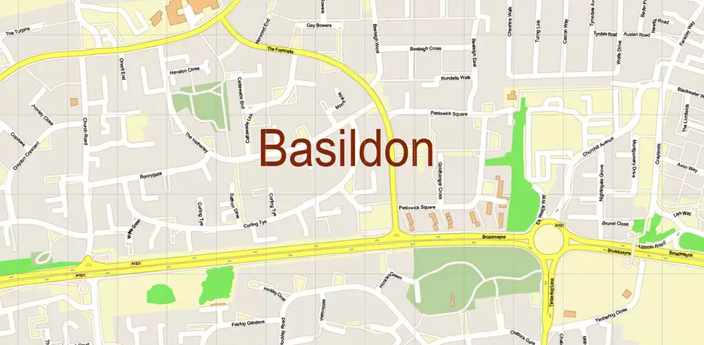 Basildon UK PDF Vector Map: City Plan High Detailed Street Map editable Adobe PDF in layers