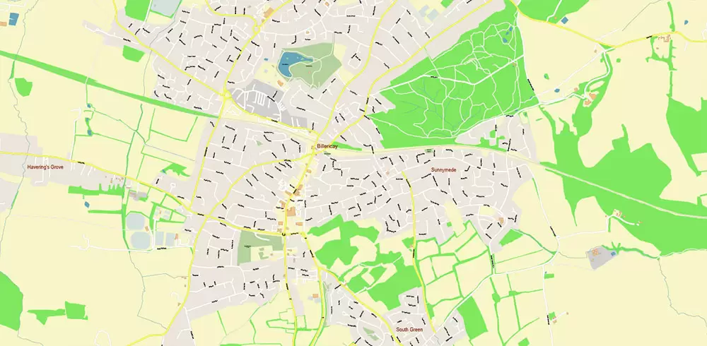 Basildon UK PDF Vector Map: City Plan High Detailed Street Map editable Adobe PDF in layers