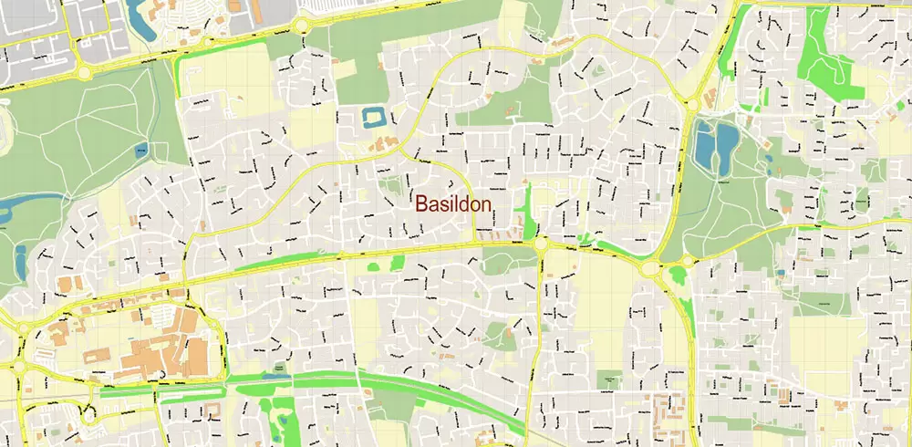 Basildon UK PDF Vector Map: City Plan High Detailed Street Map editable Adobe PDF in layers