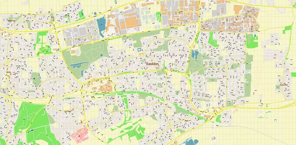 Basildon UK PDF Vector Map: City Plan High Detailed Street Map editable Adobe PDF in layers