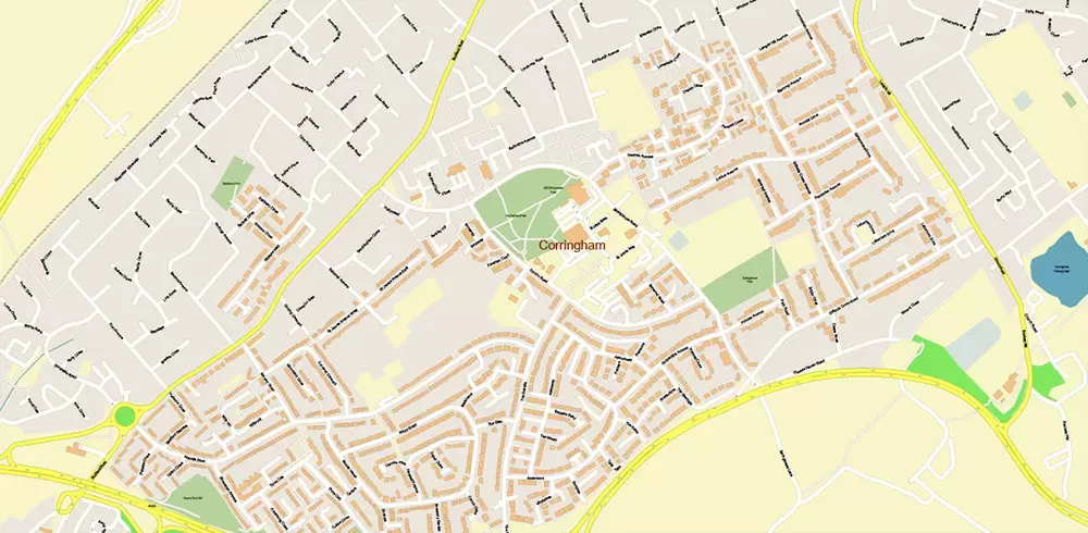 Basildon UK PDF Vector Map: City Plan High Detailed Street Map editable Adobe PDF in layers