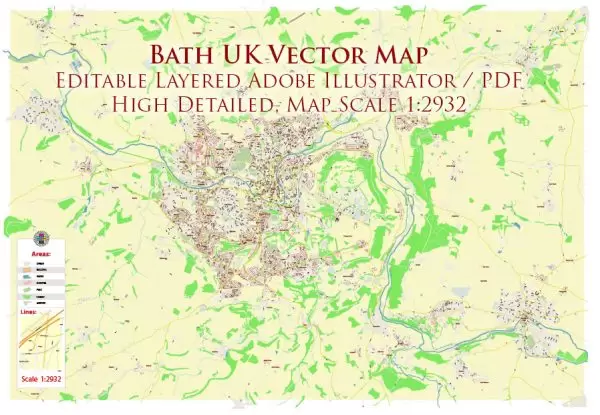 Bath UK Map Vector City Plan High Detailed Street Map editable Adobe Illustrator in layers