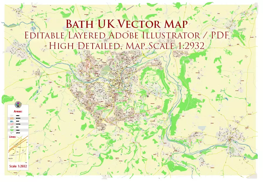 Bath UK Map Vector City Plan High Detailed Street Map editable Adobe Illustrator in layers