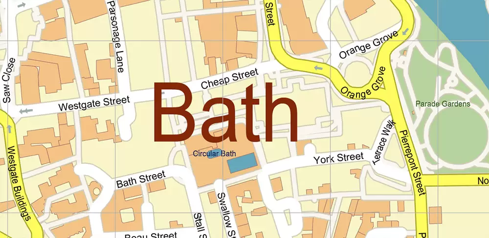 Bath UK Map Vector City Plan High Detailed Street Map editable Adobe Illustrator in layers