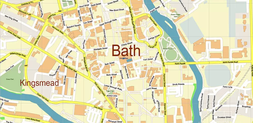 Bath UK Map Vector City Plan High Detailed Street Map editable Adobe Illustrator in layers