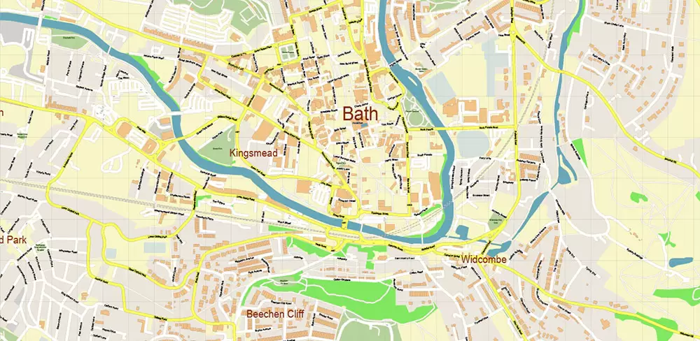 Bath UK Map Vector City Plan High Detailed Street Map editable Adobe Illustrator in layers