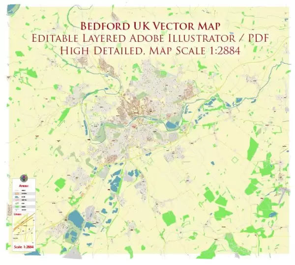 Bedford UK Map Vector City Plan High Detailed Street Map editable Adobe Illustrator in layers