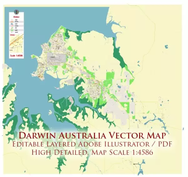 Darwin Australia Map Vector City Plan High Detailed Street Map editable Adobe Illustrator in layers