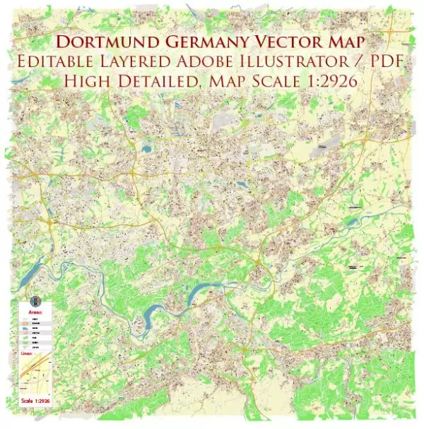 Dortmund Germany Map Vector City Plan High Detailed Street Map editable Adobe Illustrator in layers