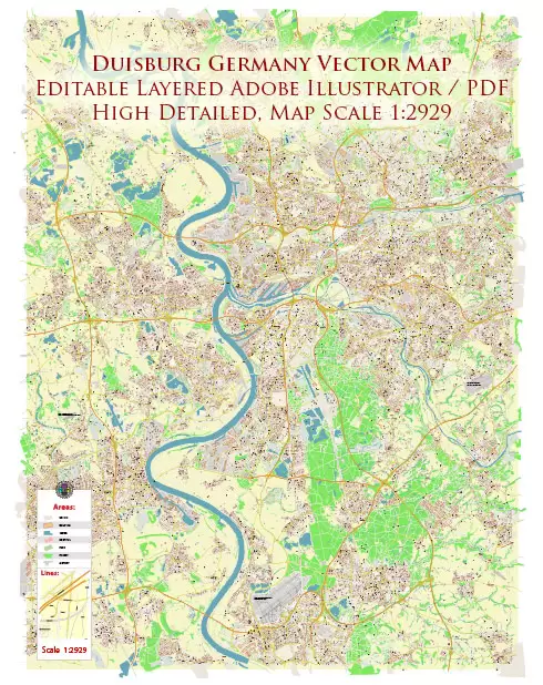 Duisburg Germany Map Vector City Plan High Detailed Street Map editable Adobe Illustrator in layers