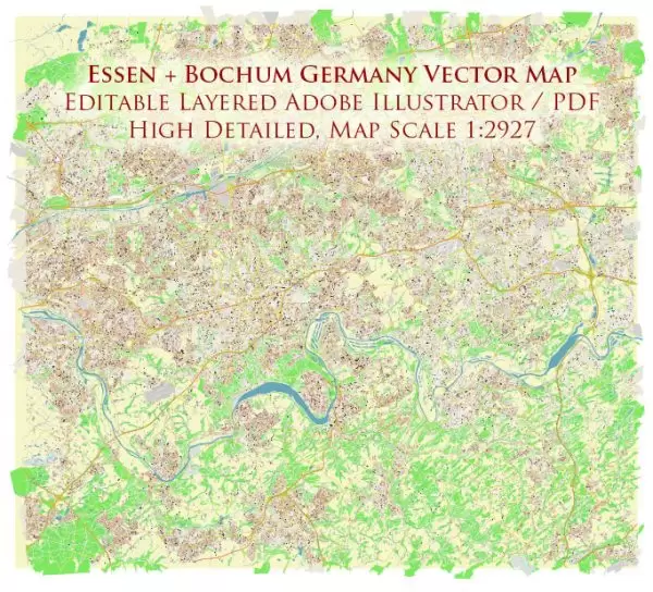 Essen + Bochum Germany Map Vector City Plan High Detailed Street Map editable Adobe Illustrator in layers