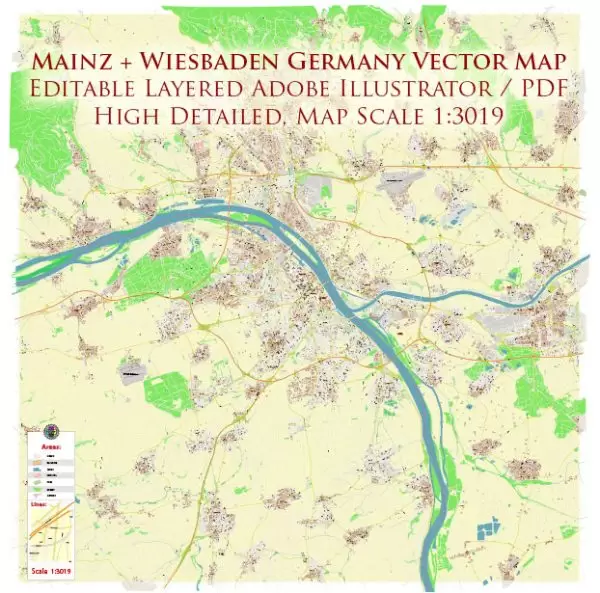 Mainz + Wiesbaden Germany Map Vector City Plan High Detailed Street Map editable Adobe Illustrator in layers