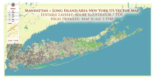 New York City: Manhattan + Long Island NY US Map Vector City Plan High Detailed Street Map editable Adobe Illustrator in layers
