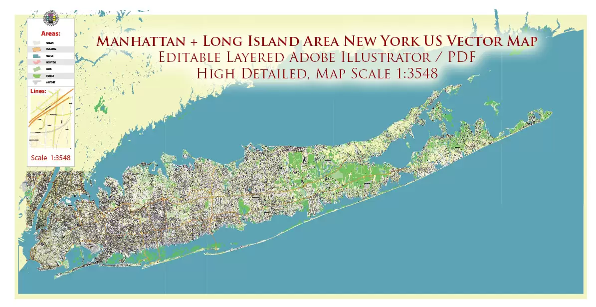 New York City: Manhattan + Long Island NY US Map Vector City Plan High Detailed Street Map editable Adobe Illustrator in layers