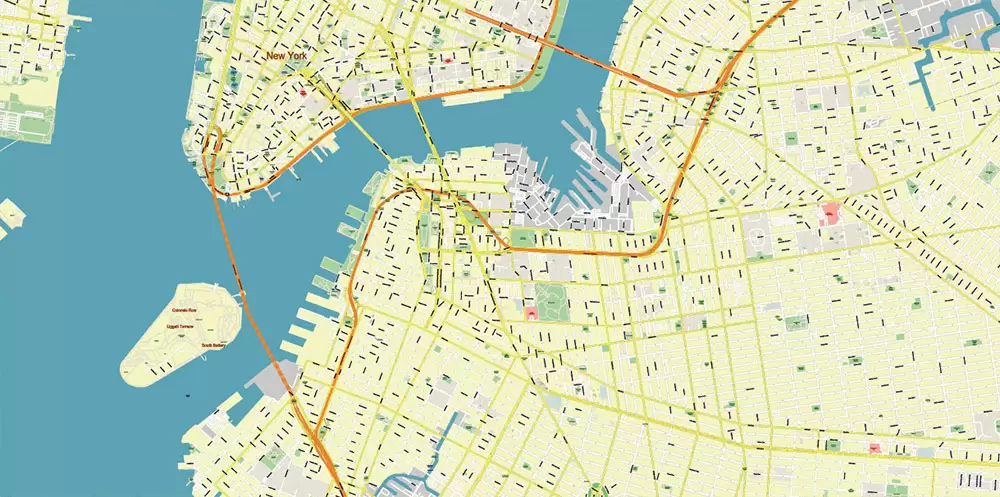 New York City: Manhattan + Long Island NY US Map Vector City Plan High Detailed Street Map editable Adobe Illustrator in layers