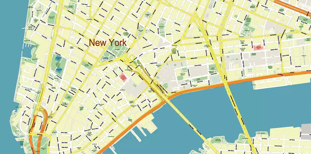 New York City: Manhattan + Long Island NY US Map Vector City Plan High Detailed Street Map editable Adobe Illustrator in layers
